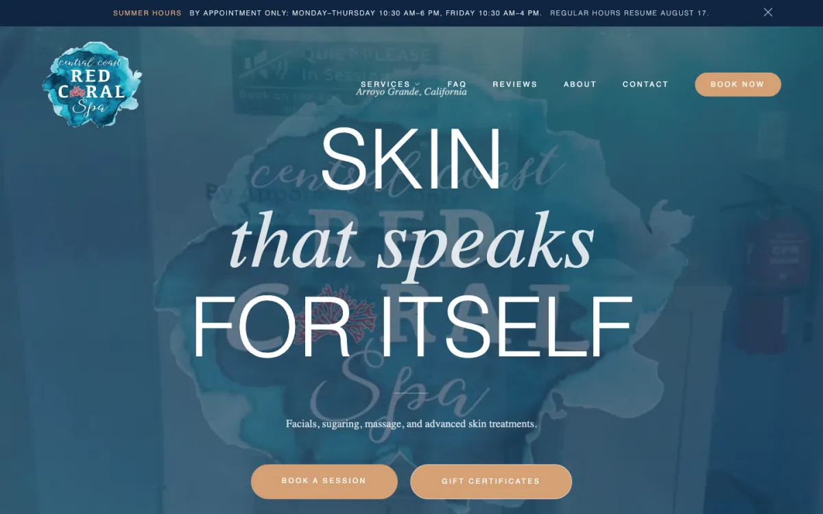Screenshot of the Central Coast Red Coral Spa website homepage