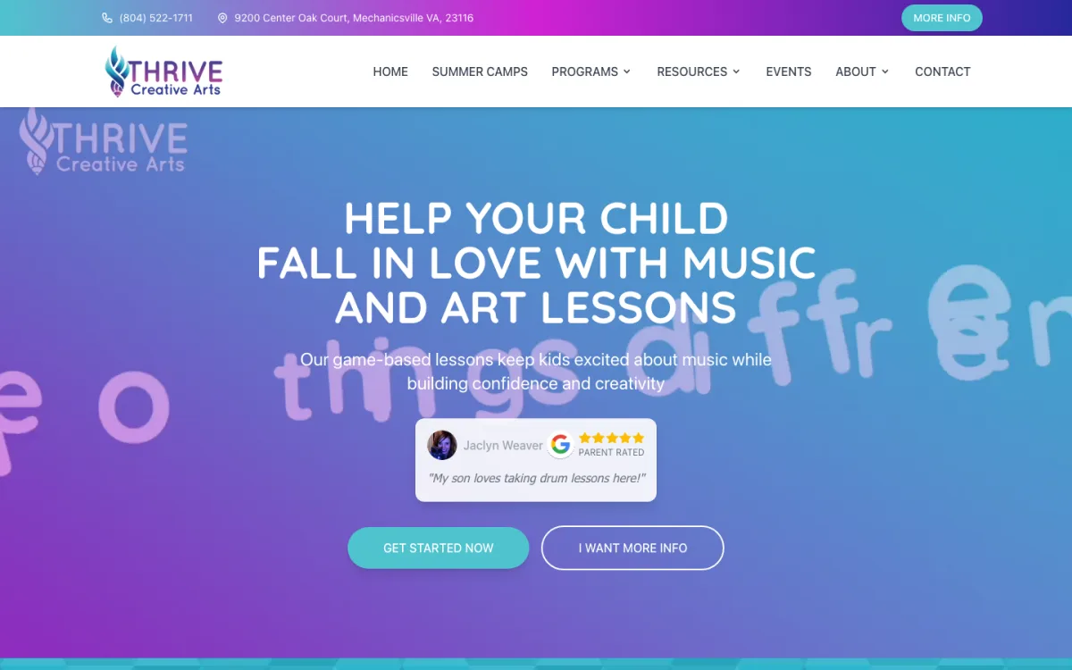 Screenshot of the Thrive Creative Arts website homepage